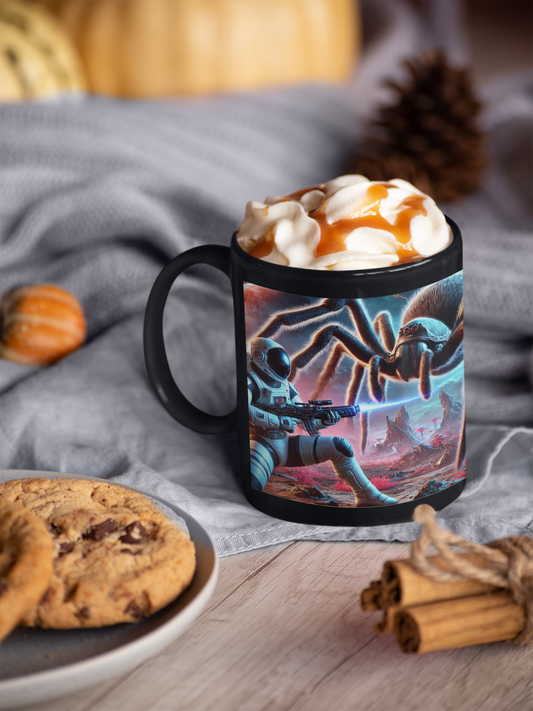 Galactic Showdown: Astronaut vs. Alien Spider Black Mug (11oz, 15oz)