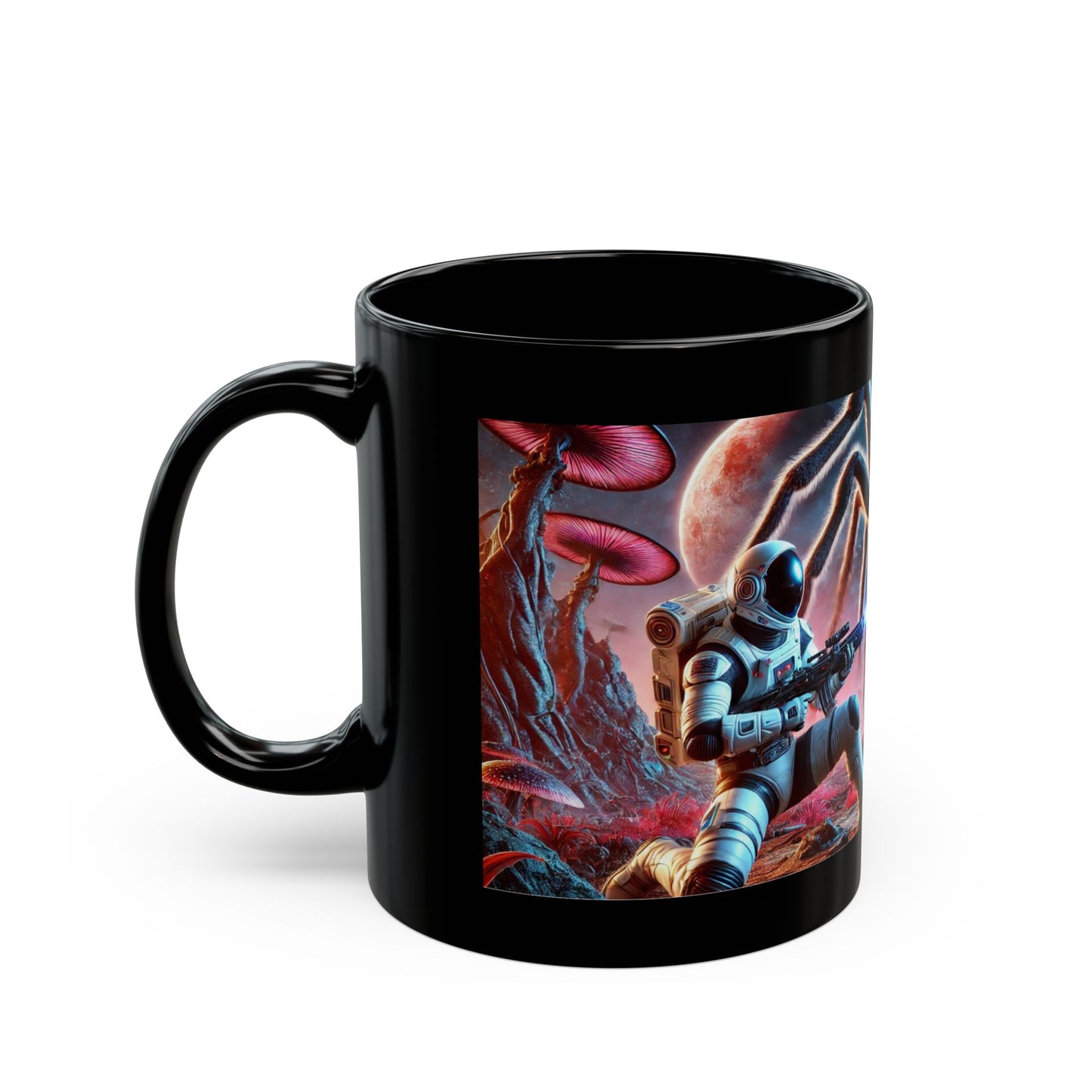 Galactic Showdown: Astronaut vs. Alien Spider Black Mug (11oz, 15oz)