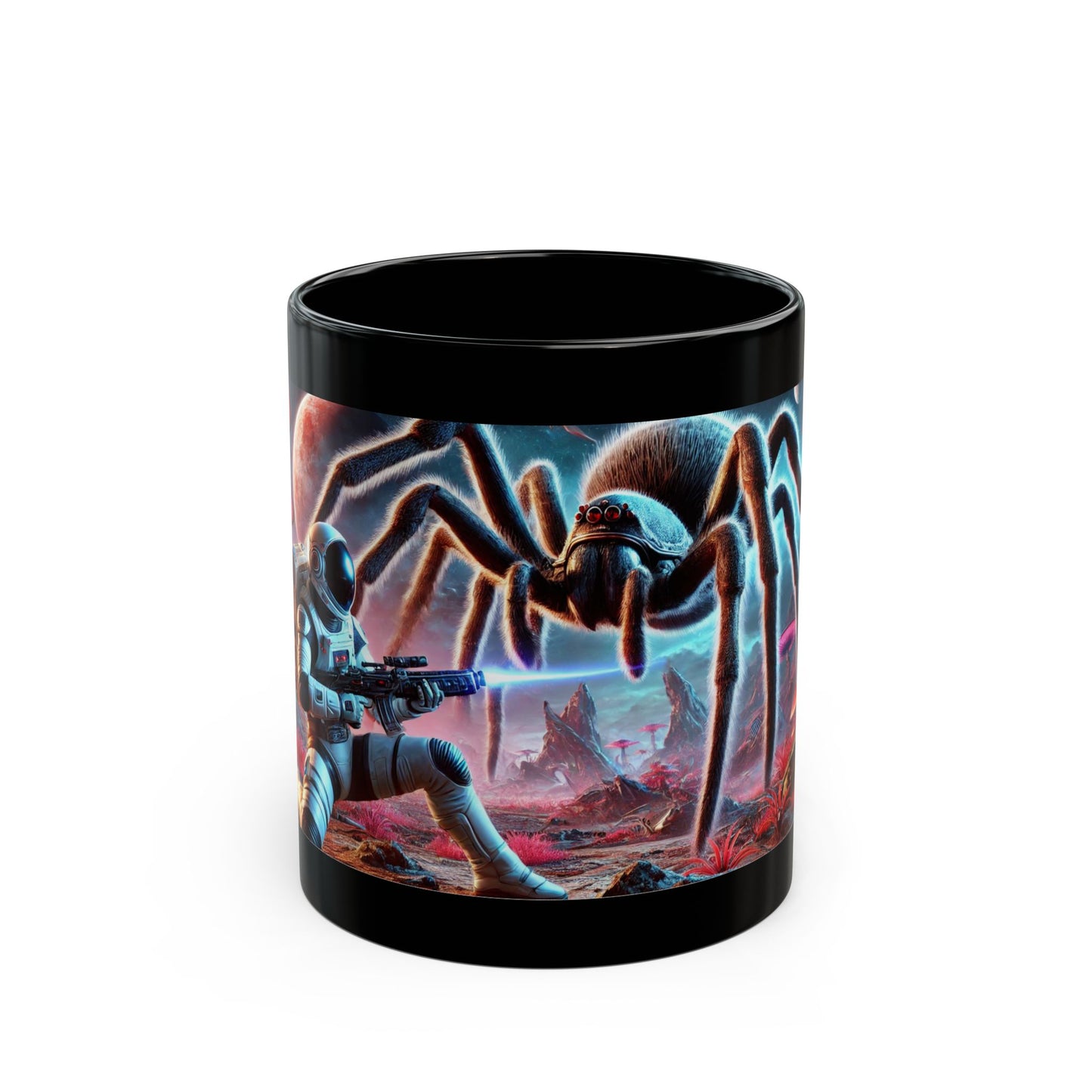 Galactic Showdown: Astronaut vs. Alien Spider Black Mug (11oz, 15oz)