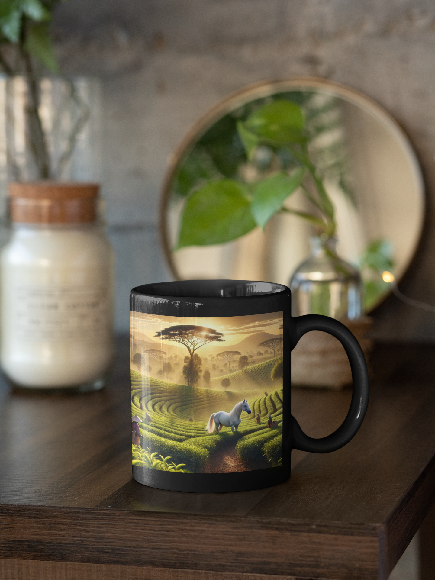 Horse in tea garden Black Mug (11oz, 15oz)