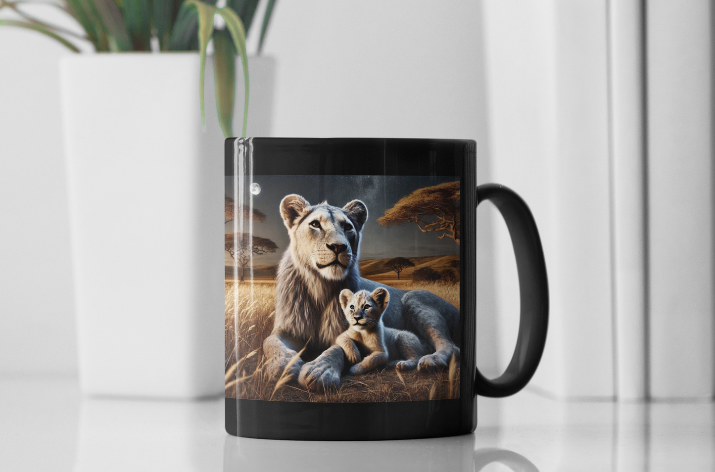 Moonlit Majesty – Lioness and Cub Under the Stars Mug (11oz, 15oz)