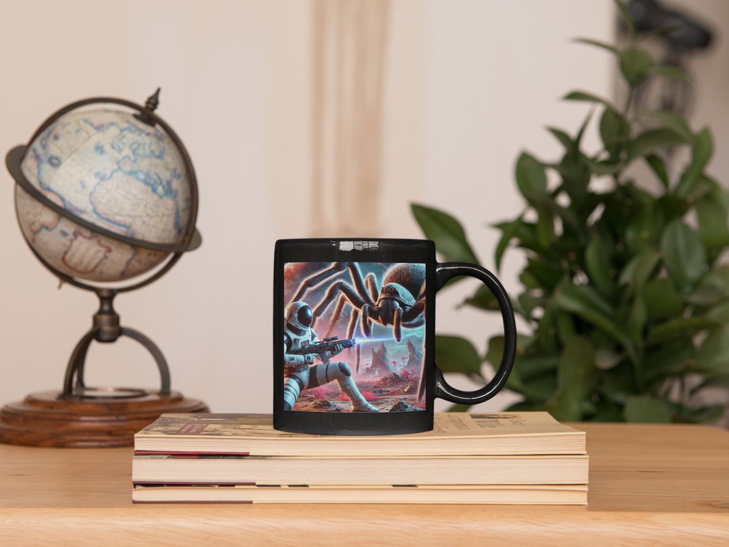 Galactic Showdown: Astronaut vs. Alien Spider Black Mug (11oz, 15oz)