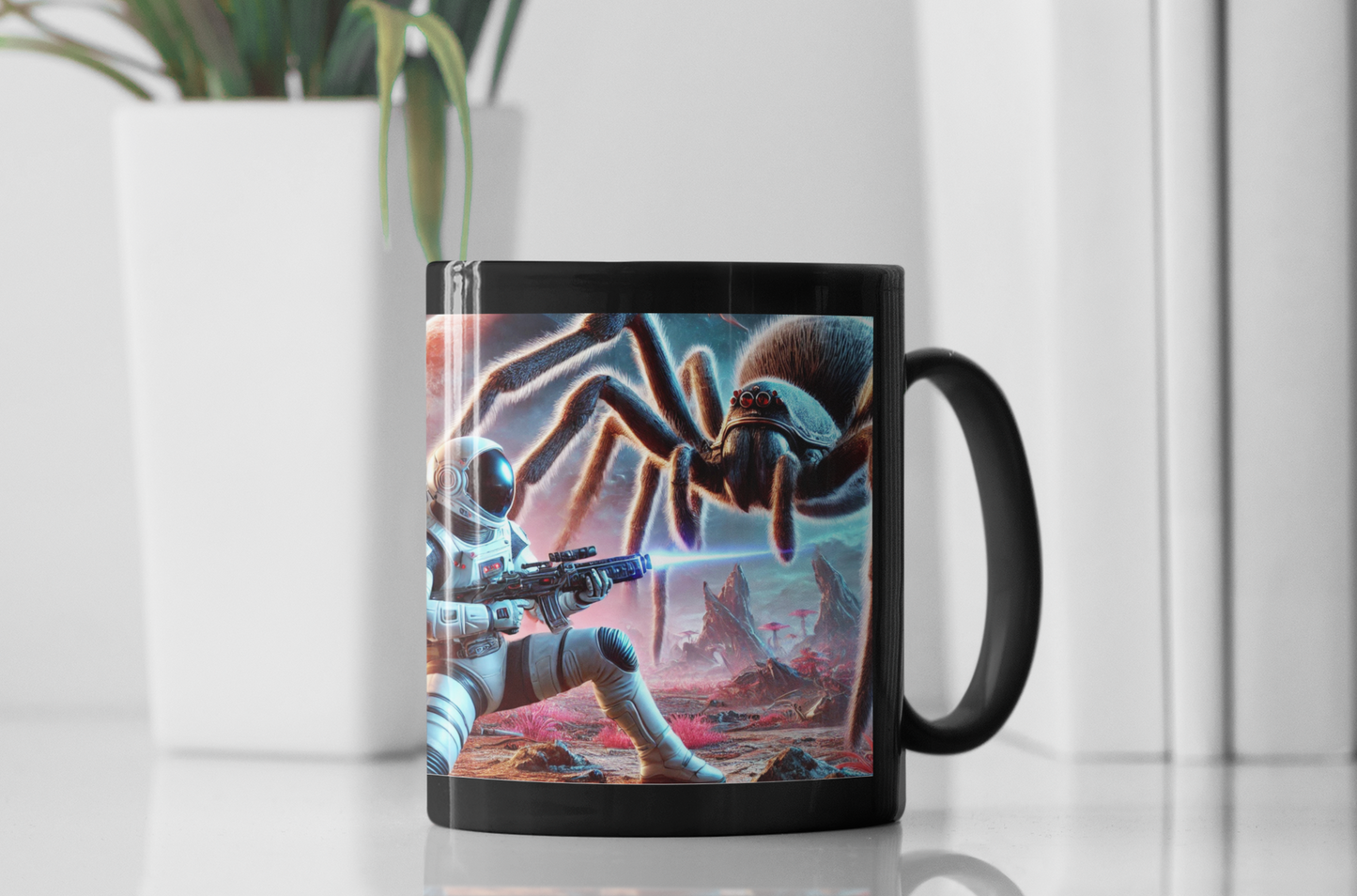 Galactic Showdown: Astronaut vs. Alien Spider Black Mug (11oz, 15oz)